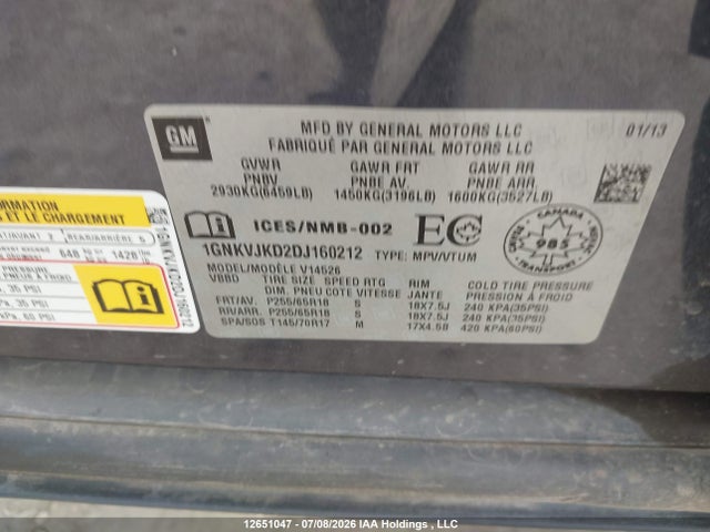 Aukcja sprzedaży 2013 Chevrolet Traverse 2lt, vin: 1GNKVJKD2DJ160212, numer aukcji: 12651047