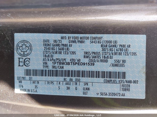2023 Ford F-350 Xlt მანქანა იყიდება აუქციონზე, vin: 1FT8W3BT5PED91539, აუქციონის ნომერი: 12651050