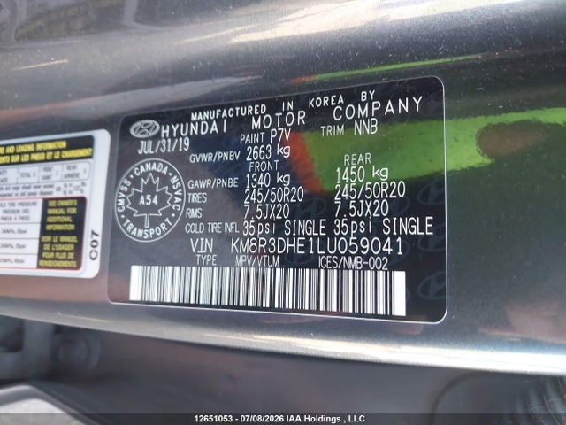 12651053 :رقم المزاد ، KM8R3DHE1LU059041 vin ، 2020 Hyundai Palisade Luxury 8-passenger Seating مزاد بيع