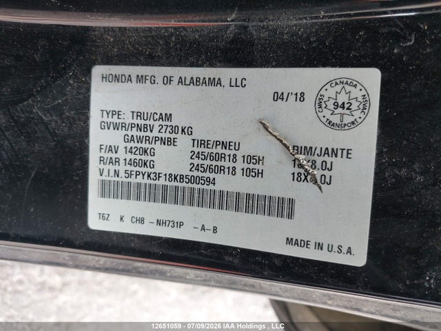 Honda Ridgeline Sport 2019 5FPYK3F18KB500594 Image 18