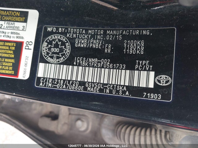 12645777 :رقم المزاد ، 4T1BK1FK9FU561733 vin ، 2015 Toyota Camry Xse V6 مزاد بيع