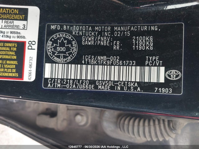 12645777 :رقم المزاد ، 4T1BK1FK9FU561733 vin ، 2015 Toyota Camry Xse V6 مزاد بيع