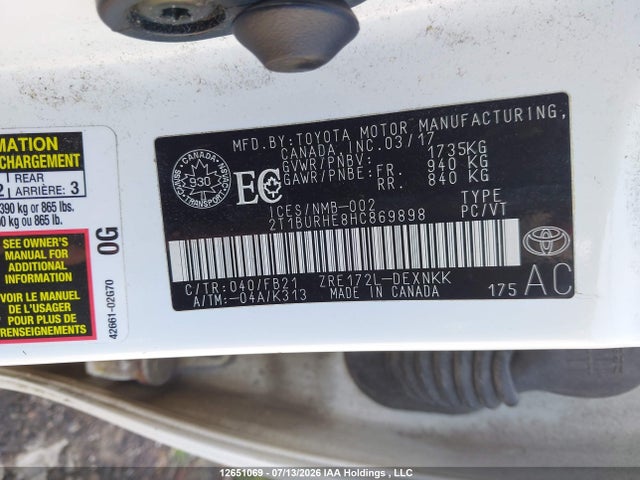 Продаж на аукціоні авто 2017 Toyota Corolla Le, vin: 2T1BURHE8HC869898, номер лоту: 12651069