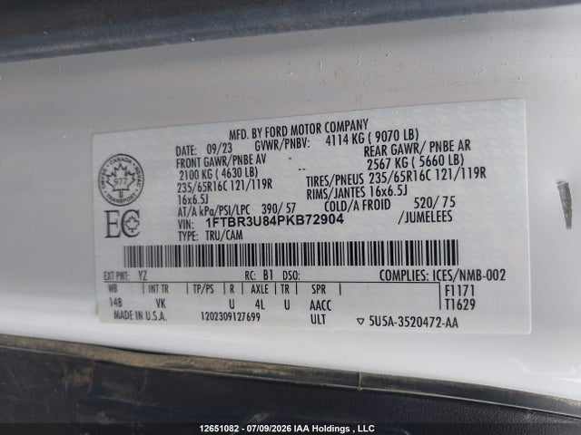 Aukcja sprzedaży 2023 Ford Transit T-250, vin: 1FTBR3U84PKB72904, numer aukcji: 12651082