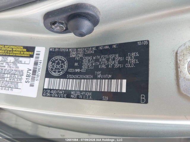 12651084 :رقم المزاد ، 5TDZA29C26S408034 vin ، 2006 Toyota Sienna Ce مزاد بيع