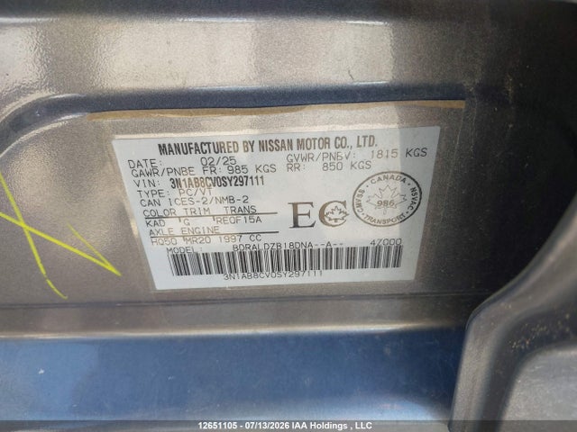 Продажа на аукционе авто 2025 Nissan Sentra Sv, vin: 3N1AB8CV0SY297111, номер лота: 12651105
