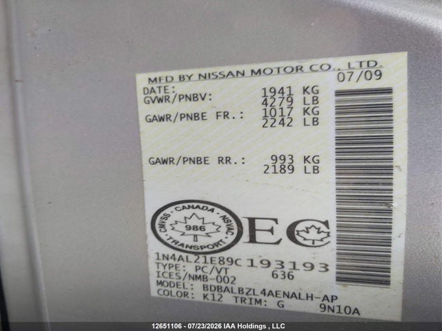 Продаж на аукціоні авто 2009 Nissan Altima 2.5 S, vin: 1N4AL21E89C193193, номер лоту: 12651106