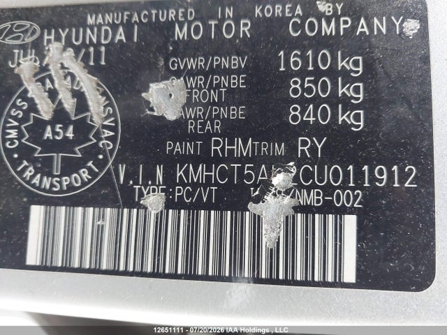 12651111 :رقم المزاد ، KMHCT5AE2CU011912 vin ، 2012 Hyundai Accent Gls/gs مزاد بيع