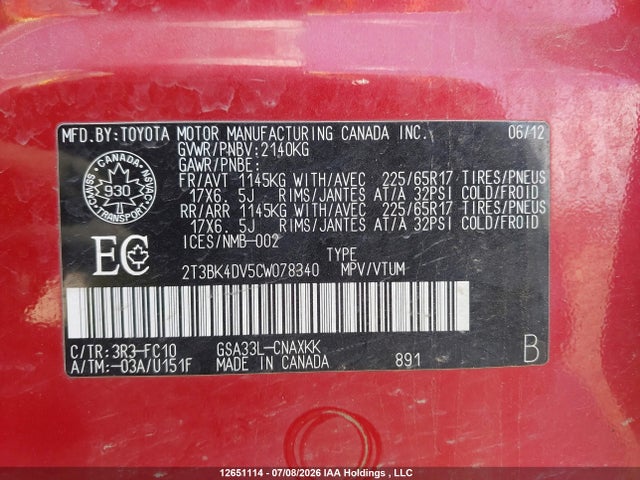 12651114 :رقم المزاد ، 2T3BK4DV5CW078340 vin ، 2012 Toyota Rav4 Base V6 مزاد بيع