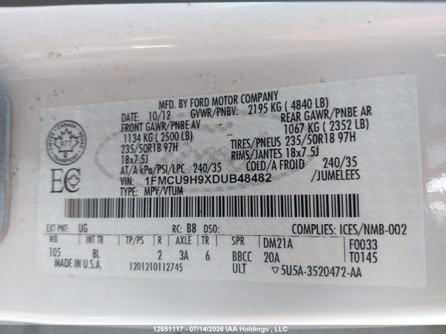 12651117 :رقم المزاد ، 1FMCU9H9XDUB48482 vin ، 2013 Ford Escape Sel مزاد بيع
