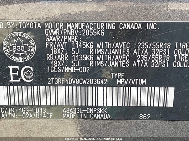 Продажа на аукционе авто 2012 Toyota Rav4 Sport, vin: 2T3RF4DV8CW203642, номер лота: 12651124