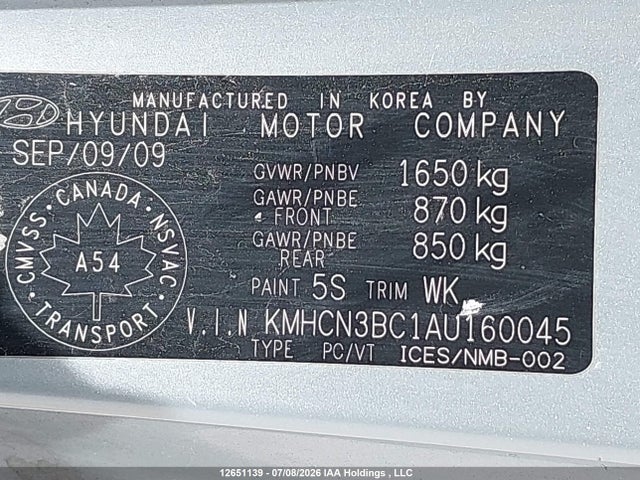 12651139 :رقم المزاد ، KMHCN3BC1AU160045 vin ، 2010 Hyundai Accent L مزاد بيع