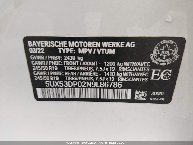 Продаж на аукціоні авто 2022 Bmw X3, vin: 5UX53DP02N9L86786, номер лоту: 12651141