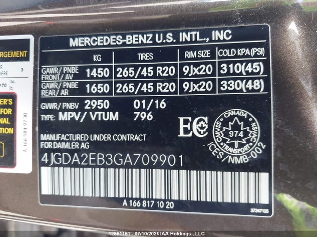 Aukcja sprzedaży 2016 Mercedes-benz Gle 350d 4matic, vin: 4JGDA2EB3GA709901, numer aukcji: 12651151