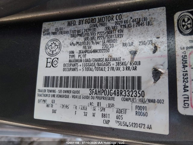 Aukcja sprzedaży 2011 Ford Fusion, vin: 3FAHP0JG4BR332350, numer aukcji: 12651156