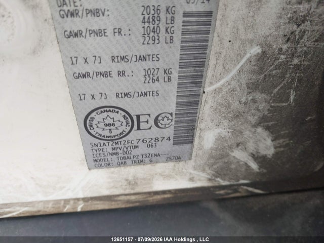 Aukcja sprzedaży 2015 Nissan Rogue S/sl/sv, vin: 5N1AT2MT2FC762874, numer aukcji: 12651157