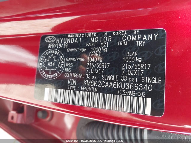 KM8K2CAA6KU366340 Hyundai Kona 2.0l Preferred