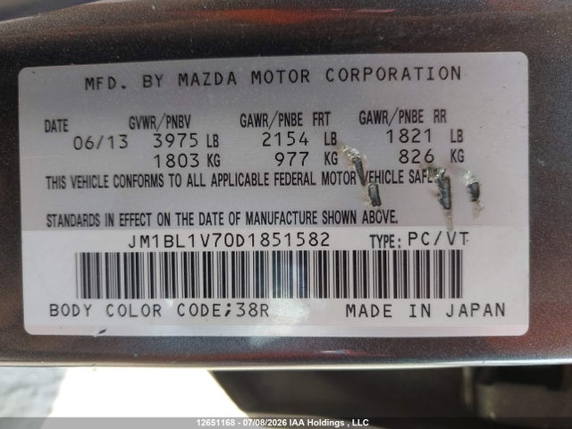12651168 :رقم المزاد ، JM1BL1V70D1851582 vin ، 2013 Mazda Mazda3 Gs-sky مزاد بيع