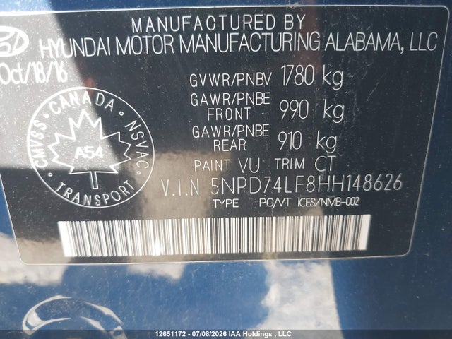 12651172 :رقم المزاد ، 5NPD74LF8HH148626 vin ، 2017 Hyundai Elantra Le مزاد بيع