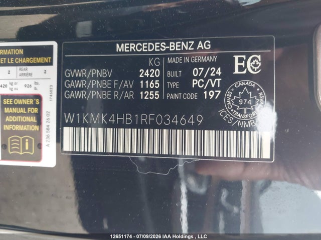 12651174 :رقم المزاد ، W1KMK4HB1RF034649 vin ، 2024 Mercedes-benz Cle 300 4matic مزاد بيع