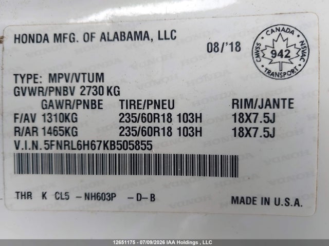 Продажа на аукционе авто 2019 Honda Odyssey Ex-l, vin: 5FNRL6H67KB505855, номер лота: 12651175