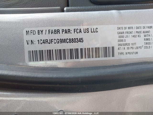 1C4RJFCG9MC880345 Jeep Grand Cherokee High Altitude