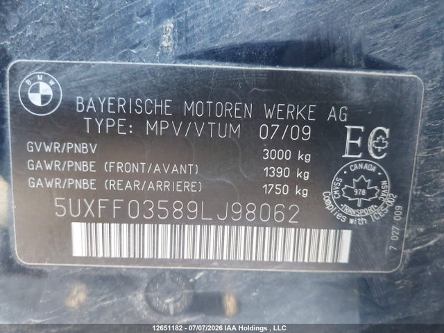 Продаж на аукціоні авто 2009 Bmw X5 Xdrive35d, vin: 5UXFF03589LJ98062, номер лоту: 12651182