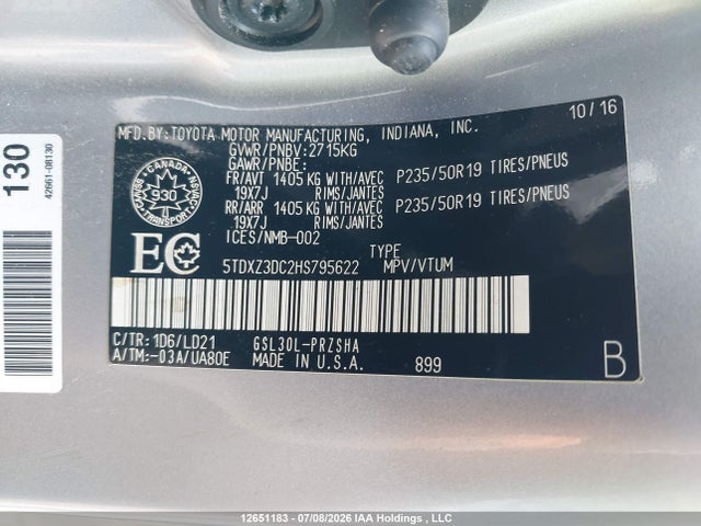 12651183 :رقم المزاد ، 5TDXZ3DC2HS795622 vin ، 2017 Toyota Sienna Se مزاد بيع