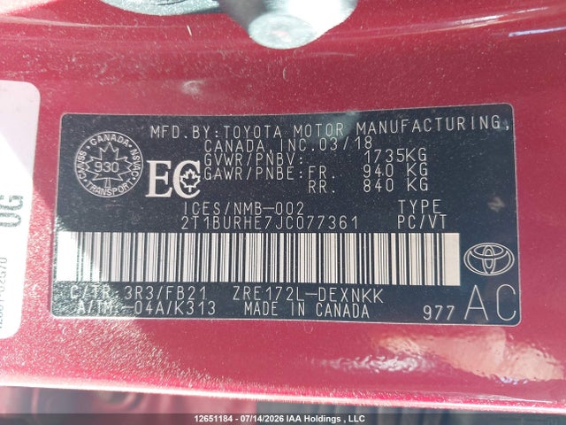Toyota Corolla 2018 2T1BURHE7JC077361 Image 9