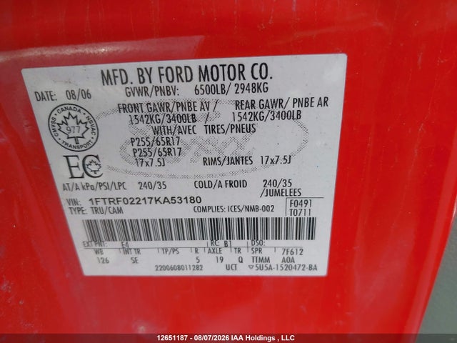 Aukcja sprzedaży 2007 Ford F-150 Stx/xlt, vin: 1FTRF02217KA53180, numer aukcji: 12651187