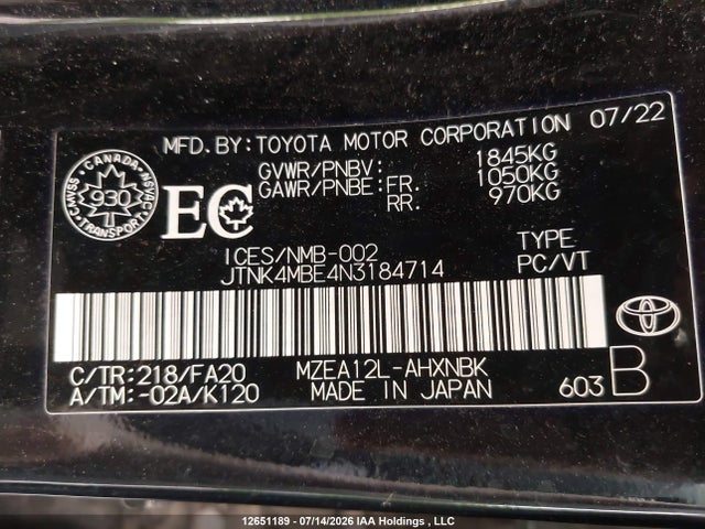 12651189 :رقم المزاد ، JTNK4MBE4N3184714 vin ، 2022 Toyota Corolla Se مزاد بيع