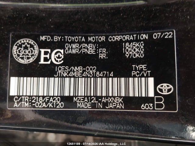 12651189 :رقم المزاد ، JTNK4MBE4N3184714 vin ، 2022 Toyota Corolla Se مزاد بيع