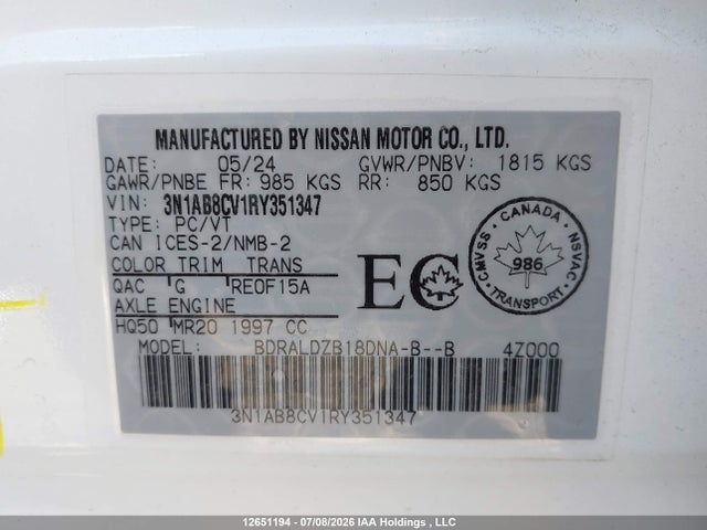 3N1AB8CV1RY351347 Nissan SENTRA SV