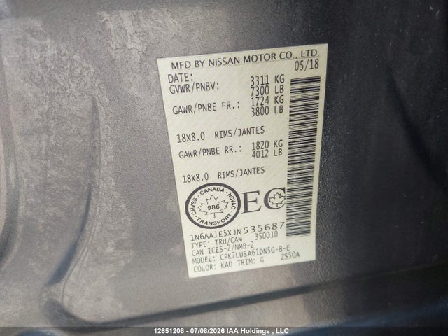 2018 Nissan Titan Platinum/pro-4x/s/sl Midnight Edition/sv/sv Midnight Edition მანქანა იყიდება აუქციონზე, vin: 1N6AA1E5XJN535687, აუქციონის ნომერი: 12651208