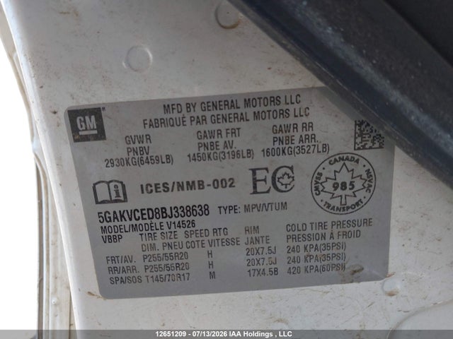 2011 Buick Enclave Cxl მანქანა იყიდება აუქციონზე, vin: 5GAKVCED8BJ338638, აუქციონის ნომერი: 12651209