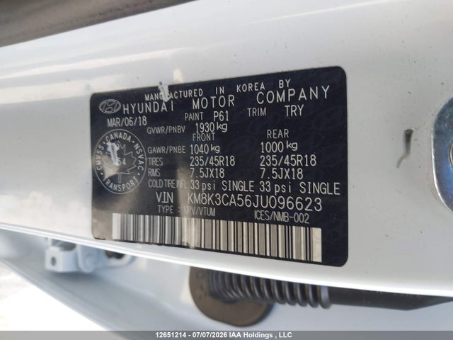 12651214 :رقم المزاد ، KM8K3CA56JU096623 vin ، 2018 Hyundai Kona 1.6t Trend مزاد بيع