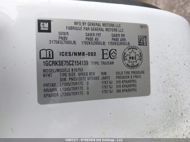 2012 Chevrolet Silverado K1500 Lt მანქანა იყიდება აუქციონზე, vin: 1GCRKSE75CZ154139, აუქციონის ნომერი: 12651217