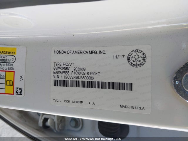 Aukcja sprzedaży 2018 Honda Accord Touring, vin: 1HGCV2F96JA800086, numer aukcji: 12651221