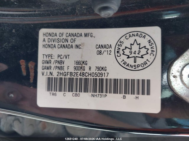 Продаж на аукціоні авто 2012 Honda Civic, vin: 2HGFB2E48CH050917, номер лоту: 12651240