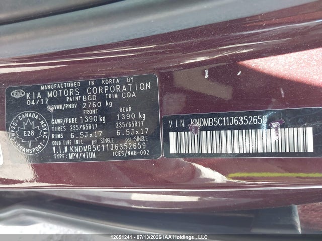 12651241 :رقم المزاد ، KNDMB5C11J6352659 vin ، 2018 Kia Sedona مزاد بيع