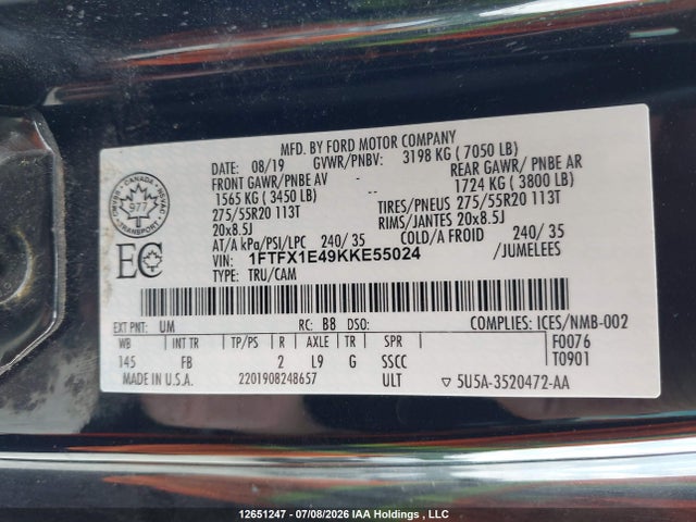 12651247 :رقم المزاد ، 1FTFX1E49KKE55024 vin ، 2019 Ford F-150 مزاد بيع