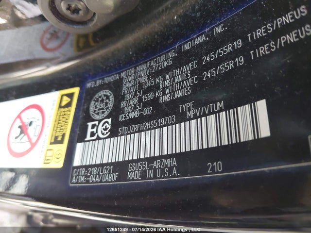 12651249 :رقم المزاد ، 5TDJZRFH2HS519703 vin ، 2017 Toyota Highlander مزاد بيع