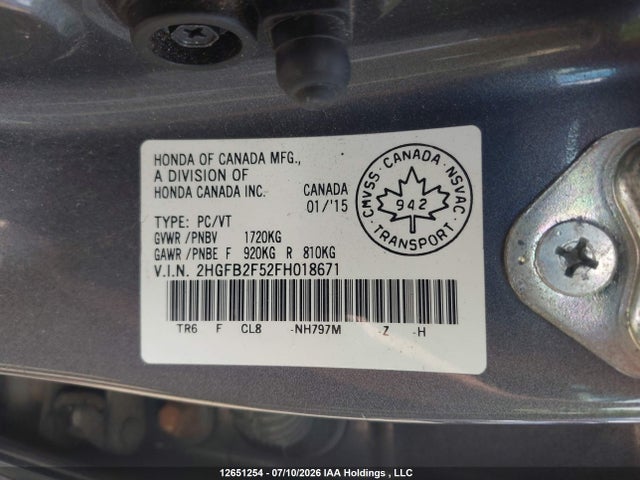2015 Honda Civic მანქანა იყიდება აუქციონზე, vin: 2HGFB2F52FH018671, აუქციონის ნომერი: 12651254
