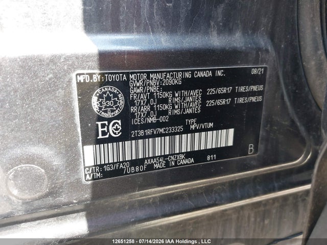 2021 Toyota Rav4 მანქანა იყიდება აუქციონზე, vin: 2T3B1RFV7MC233325, აუქციონის ნომერი: 12651258