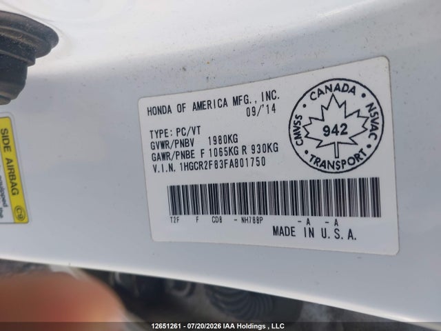 2015 Honda Accord მანქანა იყიდება აუქციონზე, vin: 1HGCR2F83FA801750, აუქციონის ნომერი: 12651261