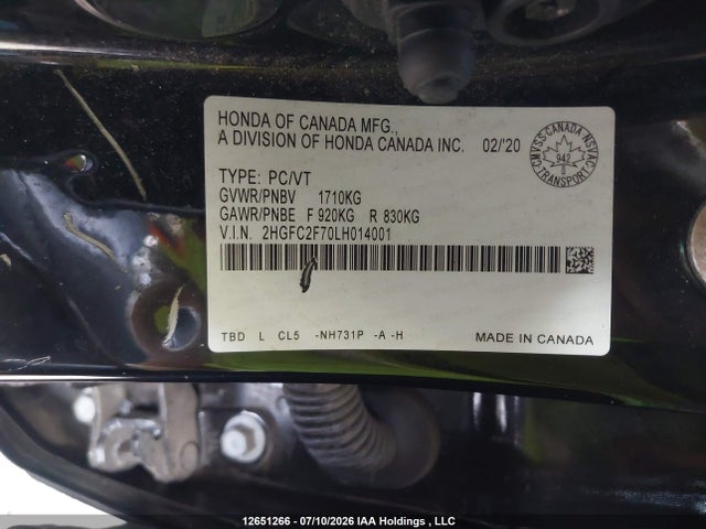 Продаж на аукціоні авто 2020 Honda Civic, vin: 2HGFC2F70LH014001, номер лоту: 12651266