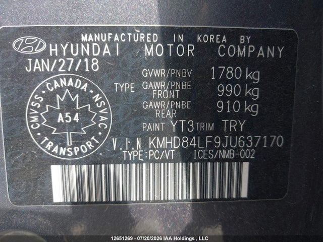 Продаж на аукціоні авто 2018 Hyundai Elantra, vin: KMHD84LF9JU637170, номер лоту: 12651269