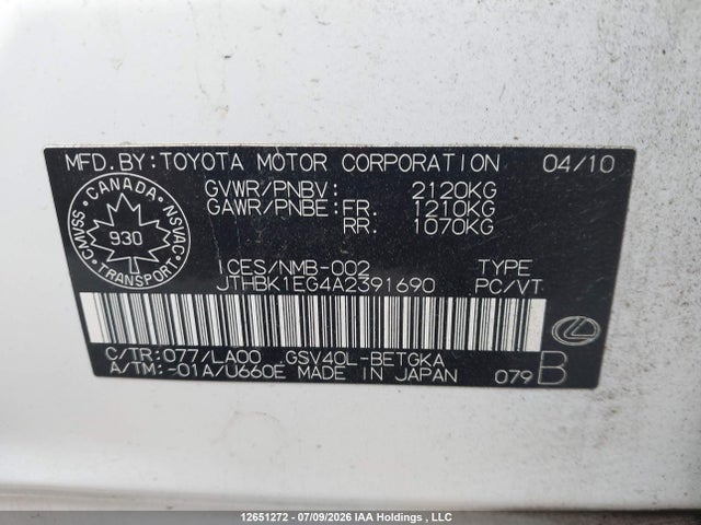 Продажа на аукционе авто 2010 Lexus Es 350 350, vin: JTHBK1EG4A2391690, номер лота: 12651272