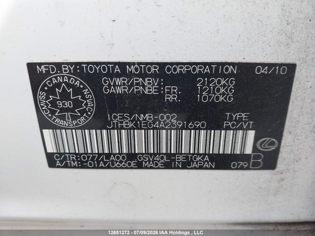 Продажа на аукционе авто 2010 Lexus Es 350 350, vin: JTHBK1EG4A2391690, номер лота: 12651272