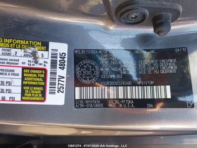 Продаж на аукціоні авто 2012 Toyota Sienna, vin: 5TDZK3DC0CS245485, номер лоту: 12651274